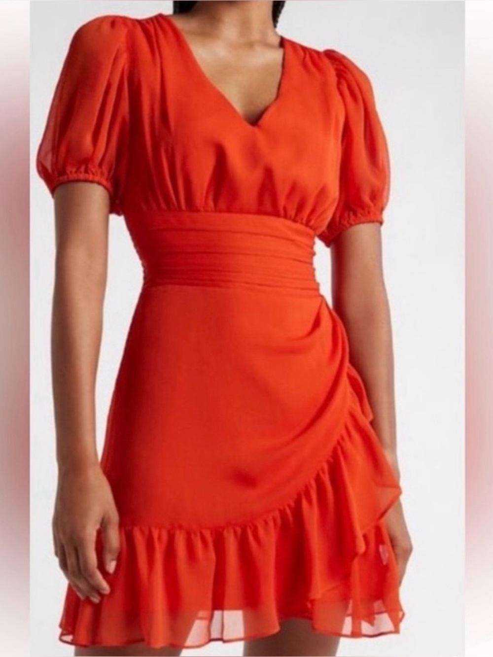vibrant orange, chiffon mini dress from Express, puff sleeves, ruffled hem